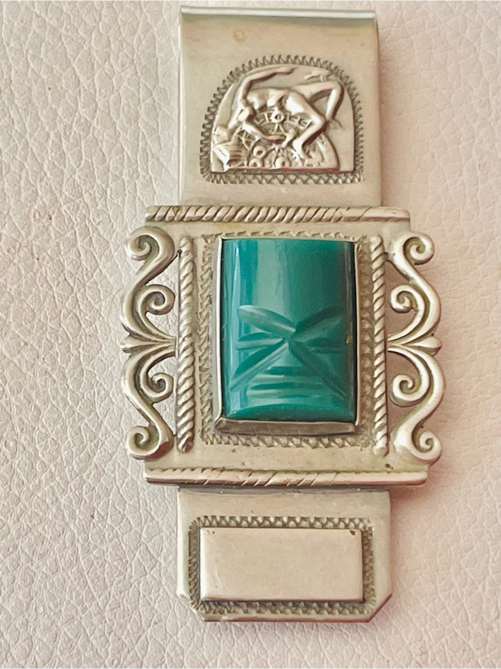 VTG SOUTHWEST STERLING SILVER MONEY CLIP GREEN AGATE MEXICO
TAXCO 27 G